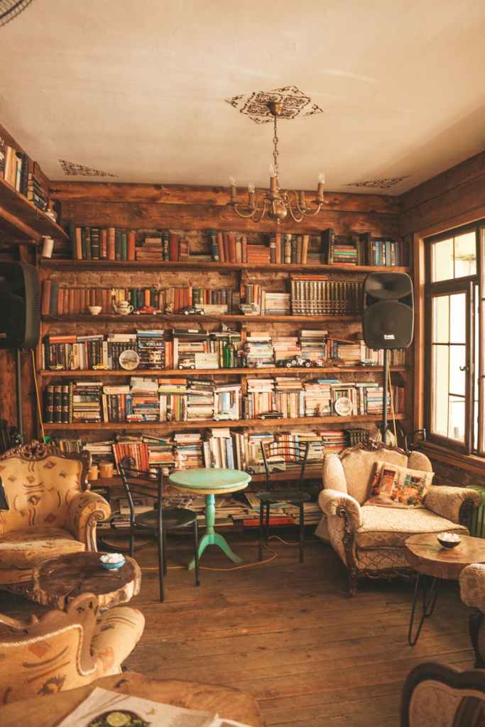 Image of bookshelves filled with books and comfy reading chairs